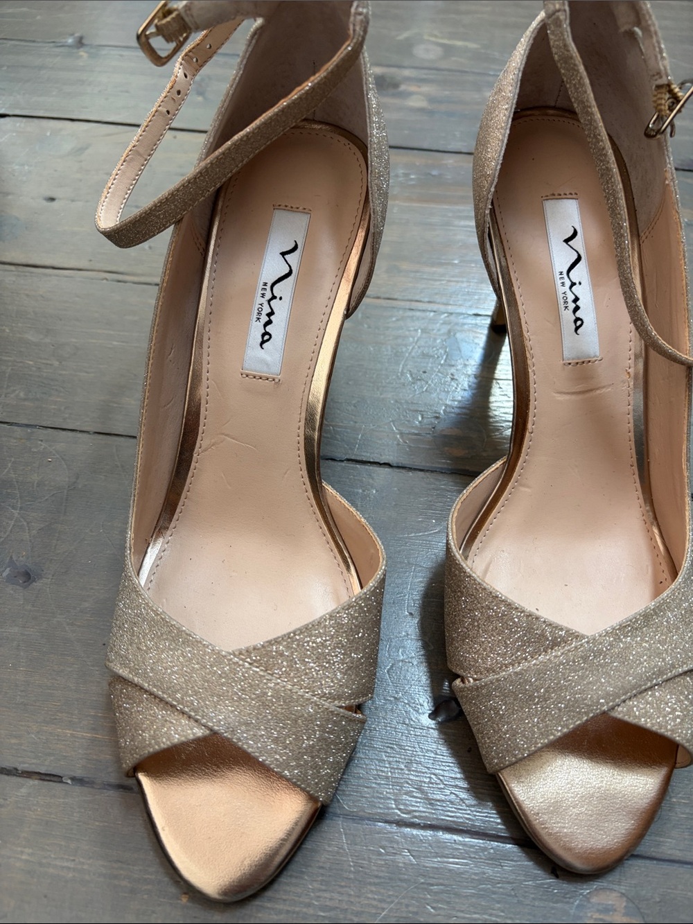 Nina Gold Glitter Crisscross Ankle-Strap Heels